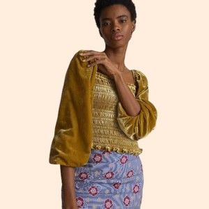 Anthropologie Velvet Shirred Puff Sleeve Top